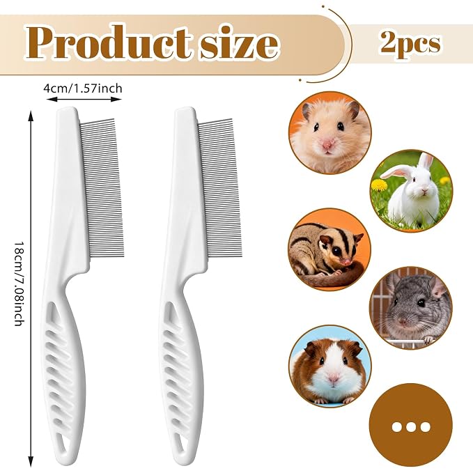 2Pcs Rabbit Brush, Fine-Tooth Stainless Steel Flea Brush for Dogs Rounded Teeth Grooming Metal Comb for Dogs, Chinchillas, Ferrets, Guinea Pigs, Rabbits