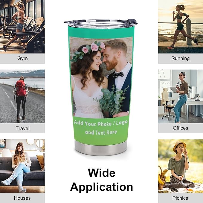 Personalized Coffee Tumbler with Pictures Text Logo Name, Custom Stainless Steel Tumbler with Lid and Straw, Customized Coffee Travel Mug Cups, 20oz Water Cups Birthday Gifts for Women Men Office Car