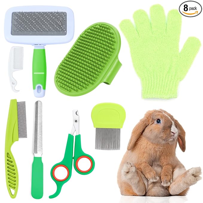 VCZONE 8 Pcs Small Animal Grooming Kit, Pink with Pet Nail Clipper and File, Flea Comb, Pet Shampoo Bath Brush, Pet Shedding Slicker Brush, Bath Massage Glove, Cleaning Comb (Green)