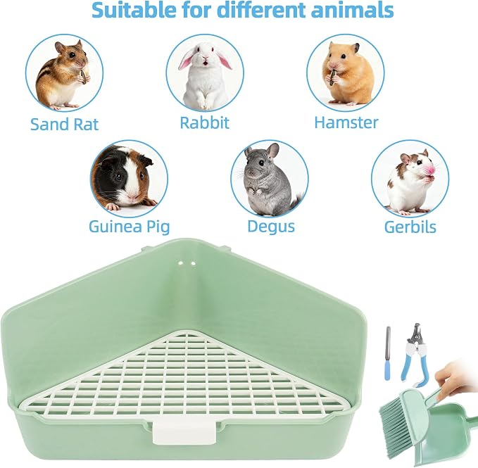 Large Rabbit Litter Box 10" x 10" x 7" with Broom & Grooming Kit, Low-Entry Corner Toilet Pan for Potty Training Rabbits Bunny Guinea Pigs Ferrets (Green)