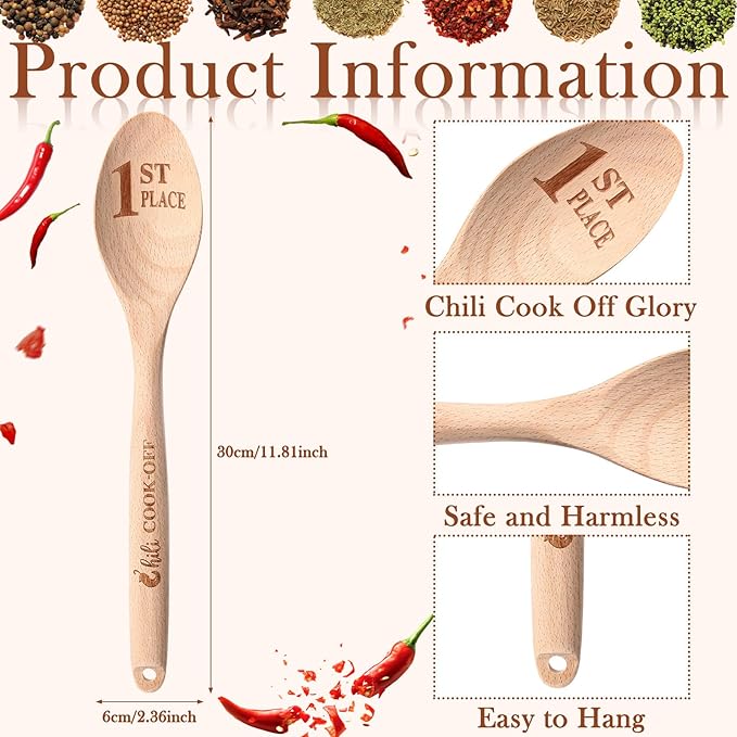 Soaoo Set of 3 Chili Cook Off Trophy Wooden Spoon Prizes Chili Engraved Cooking Spoons for 1st 2nd 3rd Cooking Competition Award(Carved at Handle and Spoon Surface)