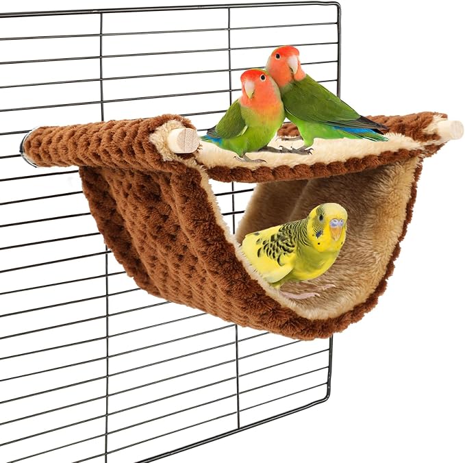 BWOGUE Bird Nest Bed Hanging Hammock, Parakeet Bed for Cage, Cockatiel Bed | Warm Fleece Snuggle Hut, Double-Layer Comfort, Wooden Perch Setup, Washable Hammock
