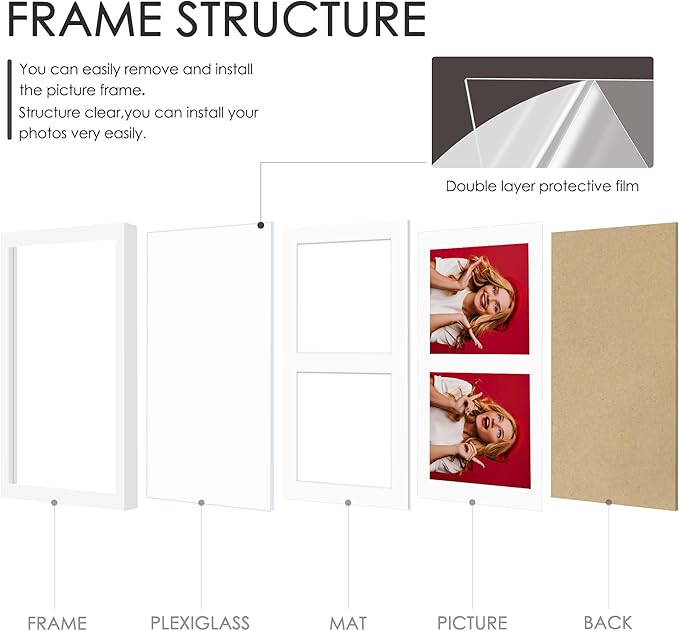 12x19 Double Picture Frame 8x10 Displays Two 8x10 inch Photos Collage Available Horizontal Wall Mounting Display and Vertical White