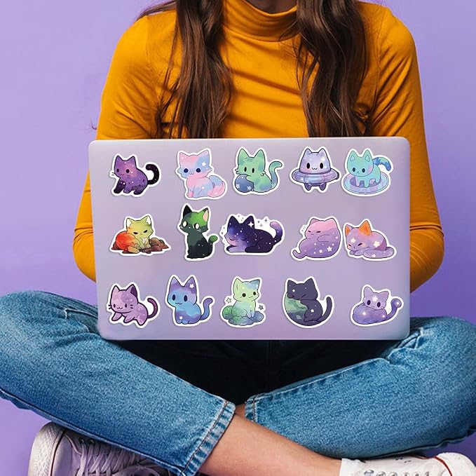 50Pcs Cats Sticker, Cute Starry Sky Cats Stickers for Kids Teens Adults, Vinyl Cartoon Pink Animals Decals Kawaii Sticker for Decor Water Bottles Laptops Guitar Scrapbook (Starlight Cat)