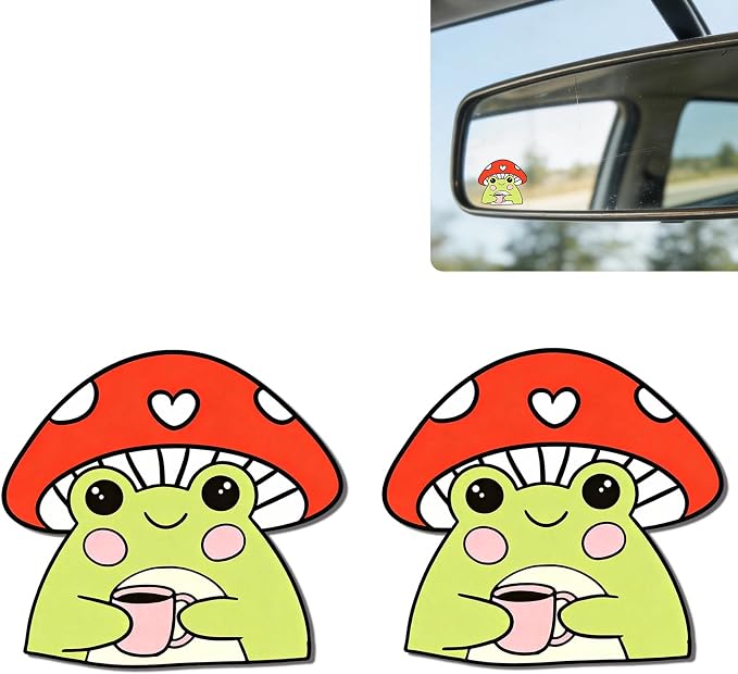 2Pack Mushroom Frog Car Vinyl Sticker and Decal for Rear View Mirror | Cute Mushroom Frog Mirror Sticker Waterproof,Car Accessories Decor,Frog Gifts for Women Men,Laptop Bathroom Mirror