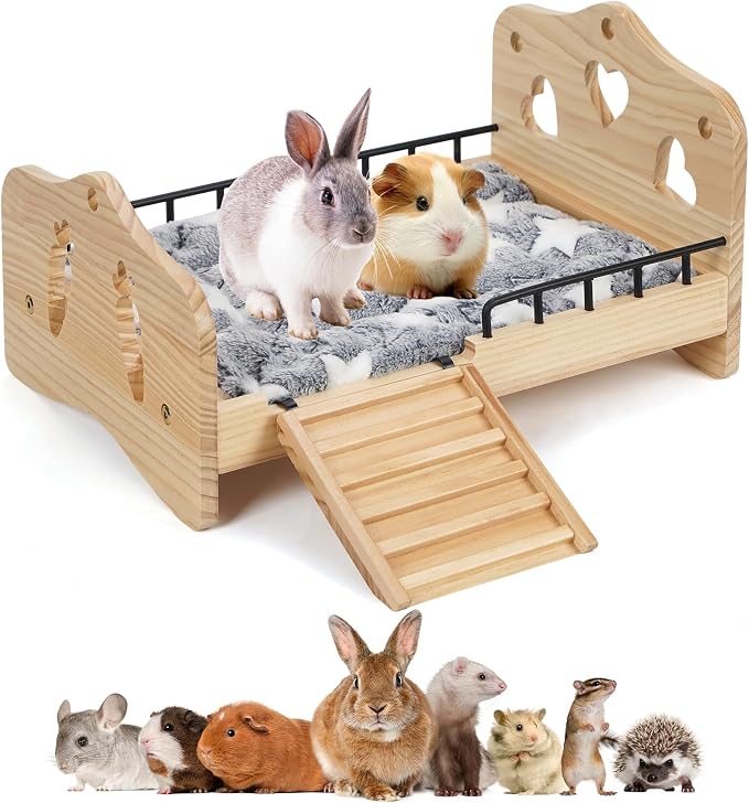 Wooden Bunny Bed 2 in 1 Rabbit Guinea Pig Bed Small Animal Bed with Stairs | With Detachable Stairs Washable Reversible Mat Guinea Pig Toys for Bunnies Chinchillas Hamster Ferret Small Rabbits Bunny
