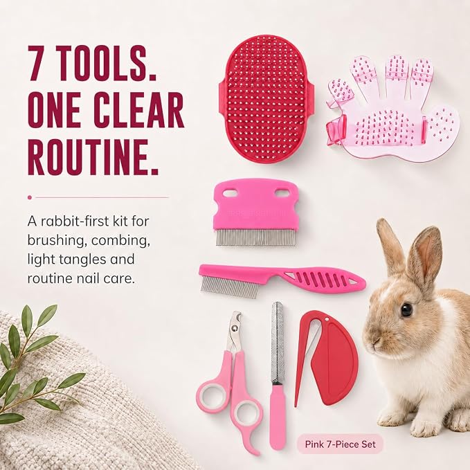 Rabbit Grooming Kit, 7-Piece Bunny Brush and Nail Care, Pink | 7 tools for loose fur, combing, light tangles and nail care; for rabbits, guinea pigs, hamsters and ferrets