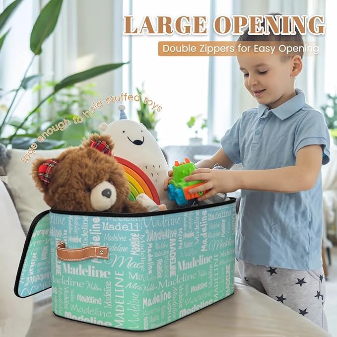 Custom Storage Basket with Name, Personalized Keepsake Box with Zipper Lid, Foldable Fabric Memory Bin Large capacity with Handle Bright Green Blue