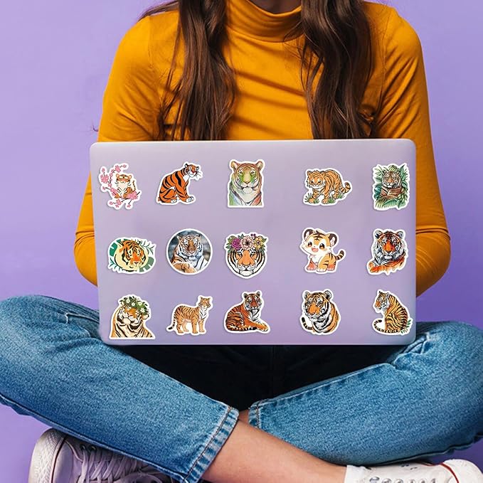 50Pcs Tiger Sticker, Cute Tigers Stickers for Kids Teens Adults, Vinyl Cartoon Animals Decals Kawaii Sticker for Decor Water Bottles Laptops Guitar Scrapbook