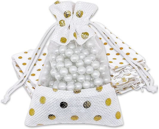 12-Pack Small Linen Burlap & Organza Gift Bags w. Drawstrings (3.5x5.5 in, White/Gold Polka) - Party Favors, Presents, Samples & Treats Mesh Pouch by The Display Guys