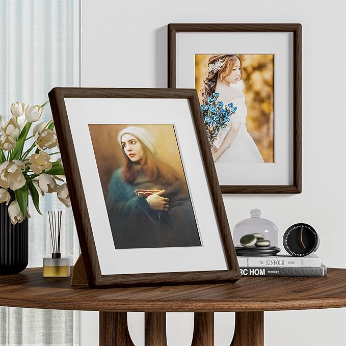 8.5X11 Picture Frame Natural Oak Wood From California-USA Walnut Color Finished Handcrafted 8.5 X 11 Photo Frame Matted to 6x8 Photo with Real Tempered Glass,Family,Graduation Display Table & Wall