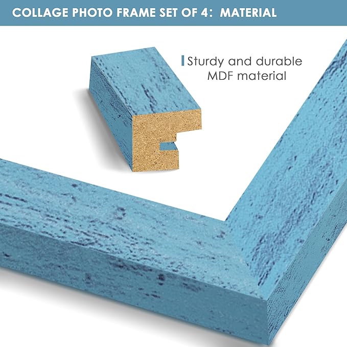 4x6 Collage Picture Frame Tempered Glass Front, Displays Four 4x6 Photo, Family Photo Collage Frame, Wall Decor Wall Hanging or Tabletop, Blue