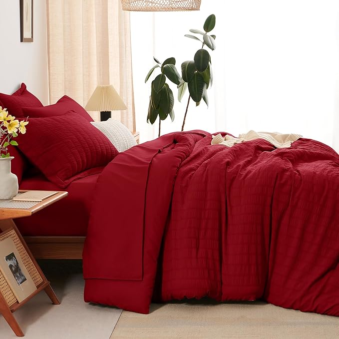 CozyLux Full Size Comforter Sets with Sheets Seersucker 7 Pieces Dark Red Bed in a Bag Textured Luxury Soft Bedding Set with Down Alternative Comforter, Sheets, Pillowcases & Shams for All Seasons