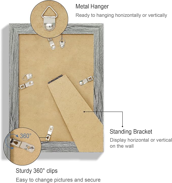 5.5x8.5 Picture Frame Set of 4, Made of Real Glass and Grey Frame, 5.5 by 8.5 Photo for Wall or Tabletop