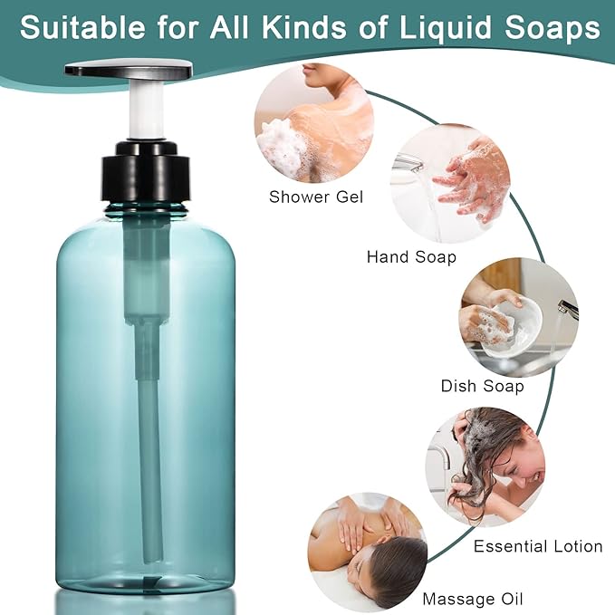 Yebeauty Pump Bottle, 2 Pack 17oz Plastic Lotion Bottle Pump Dispenser Large Bottle for Shampoo Soap, Clear Blue