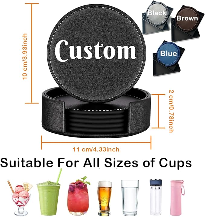 Custom Name Coasters, Personalized Set of 5 Leather Coaster with Holder Gift Box, Customize Split Letter Monogram, Non-Slip Heat Resistant Waterproof for Coffee Table Bar Beer Wine Cup Wedding Party