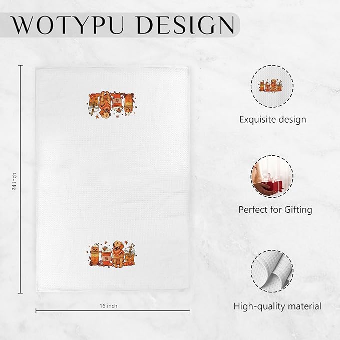 Fall Golden Retriever Coffee Kitchen Towels, Fall Halloween Pumpkin Coffee Dish Tea Towel for Kitchen, Farmhouse Autumn Maple Leaf Pine Cone Hand Towels for Bathroom Decor, 16x24 Inch