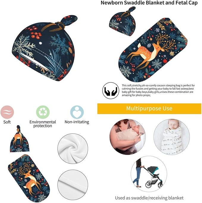 Christmas Baby Swaddle Blanket and Hat Set for Newborn Boys Girls Soft Infant Wrap Sleep 0-6 Months Christmas Elk