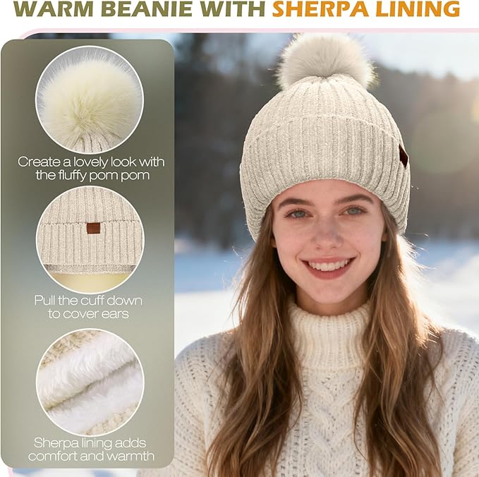 Winter Hats Gloves Scarf Set for Women, Beanie Hat Headband Ear Warmer, Infinity Scarf Touchscreen Gloves for Cold Weather
