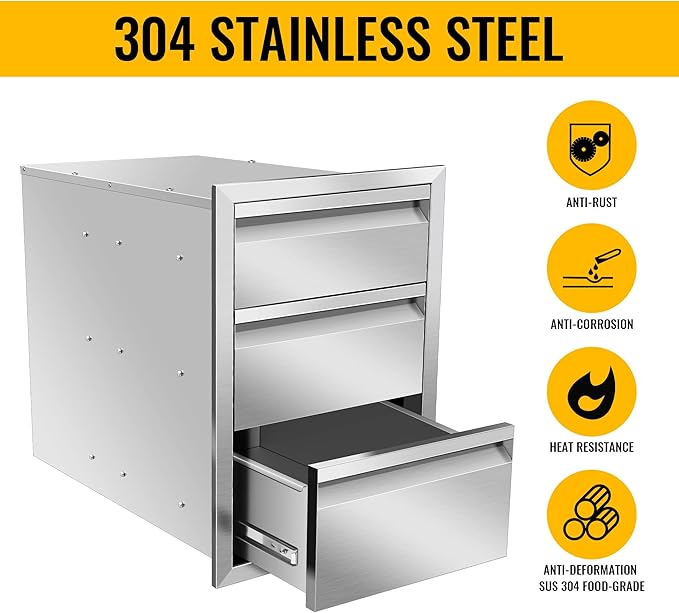 Outdoor Kitchen Drawers Stainless Steel 16W X 21H X 23D Inch, Flush Mount Triple BBQ Island Drawers with Hidden Handle for Outdoor Kitchens, Patio or Grill Station