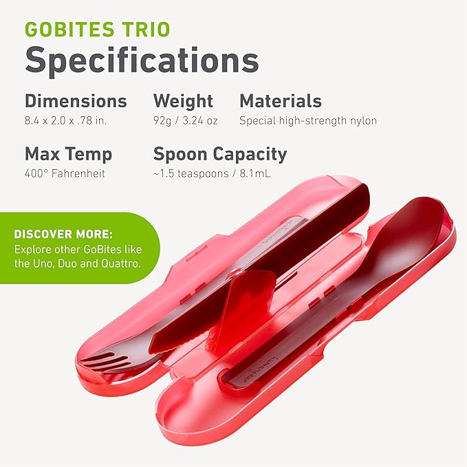 humangear GoBites Trio | Travel & Camping Utensils | Portable & Convertible Dining Ware | Multi-Functional Spork & Knife, Red