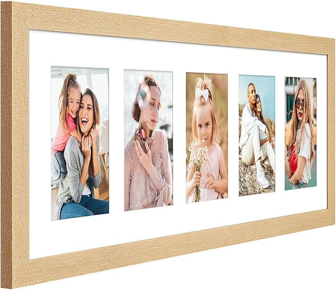 8x24 Collage frame with 5 Openings 4X6 Pictures, Multiple Picture Frame with Mat, Wall or Tabletop Decor, Natural Wood Grain,2 Pack