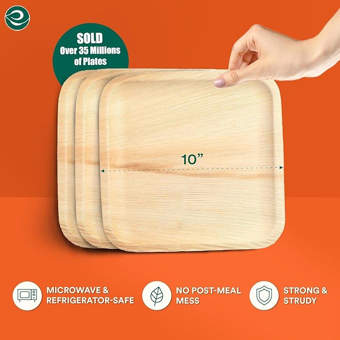 ECO SOUL Compostable 10 Inch Palm Leaf Square Plates (50 Count) Like Bamboo Plates | Biodegradable | Eco-Friendly, Microwave & Oven Safe