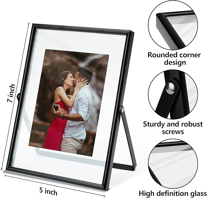 Vienrose Picture Frames for 4x6 3x5 2x3 Photo, Glass Floating Picture Frame, Black Tabletop Photo Frame for Home Wedding Party Office Decor