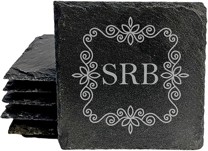 Personalized Elegance: Floral Monogram Slate Drink Coasters - Square Slate - Set of 8