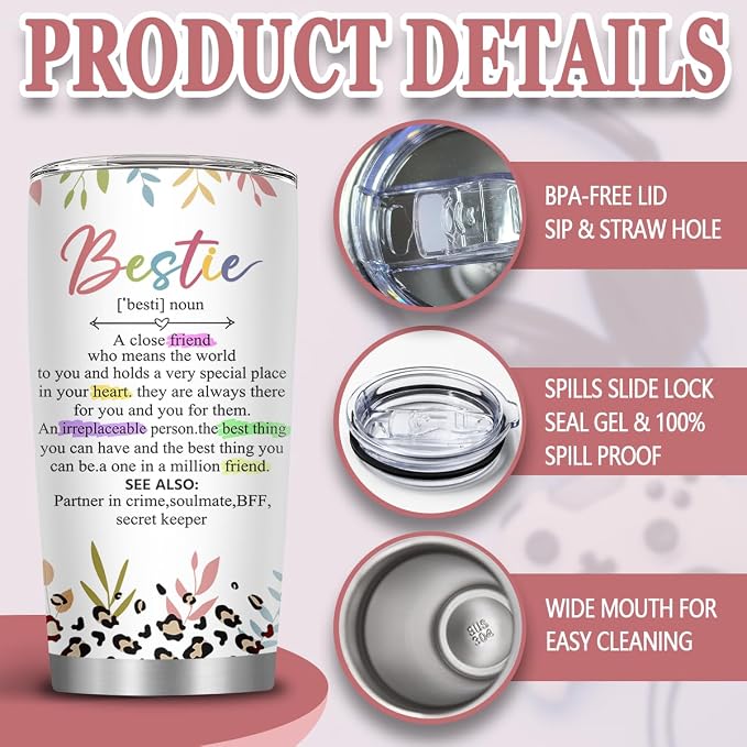 Bestie Gifts for Women, 20 Oz Bestfriend Tumblers for Women with Brush & Straw, Bestie Tumbler, Friendship Gift for Birthday Thanksgiving Christmas, Friend Coffee Tumbler, 1 PCS