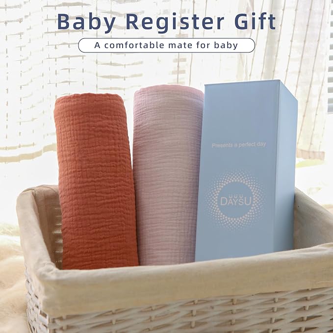 DaysU Muslin Baby Swaddle Blanket, Cotton Swaddling Blankets for Baby Boy and Girl, Nursery Skin-Friendly Baby Receiving Blanket for Newborns, Breathable Swaddle Wrap 2 Pack, 47”x47”-Brown+Lilac Ash
