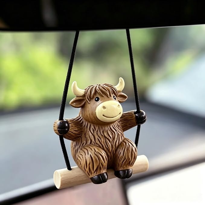 YGMONER Swinging Highland Cow Car Hanging Ornament – Holiday Favorite Farm Animal, Funny Rear View Mirror Hanging Accessories, Ideal Gift for Animal Lovers (Highland Cow)