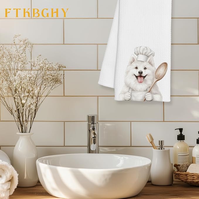 Funny Samoyed Chef Kitchen Towels, Gifts for Samoyed Lovers, Chef Gifts for Women Men, Funny Dog Decorative Dish Hand Tea Towels for Kitchen Bakery, 16x24 Inch