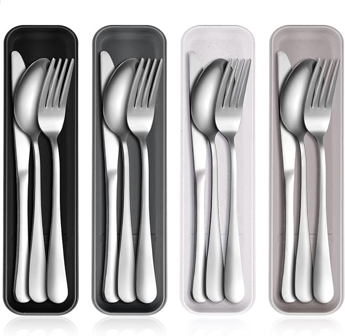 Yinkin 4 Pack Portable Travel Utensils Set with Case Reusable Stainless Steel Silverware Flatware Camping Cutlery Include Fork Spoon Knife for Work School Dishwasher Safe (Classic Color)