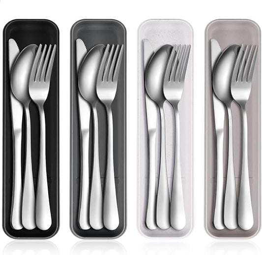 Yinkin 4 Pack Portable Travel Utensils Set with Case Reusable Stainless Steel Silverware Flatware Camping Cutlery Include Fork Spoon Knife for Work School Dishwasher Safe (Classic Color)