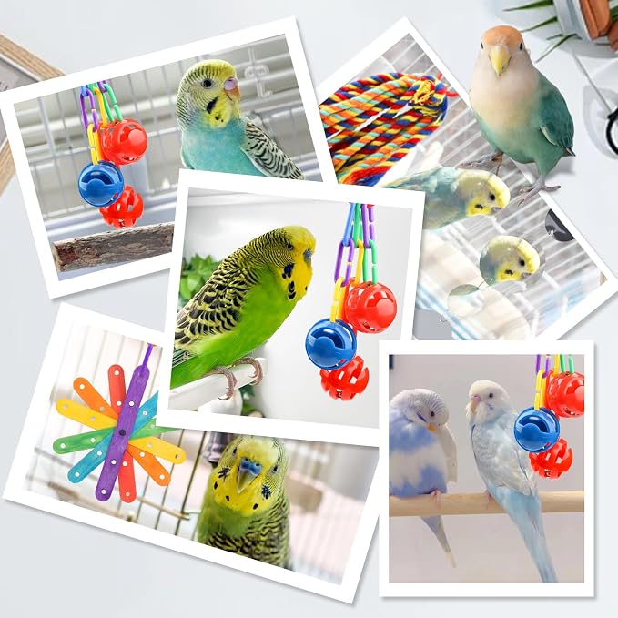 QUOZUO Small Bird Toys Parakeet Cage Accessories, Parakeet Toys, Swing Hanging Standing Chewing Toy, Bird Toys for Parakeets, Cockatiel, Parrot, 4pcs