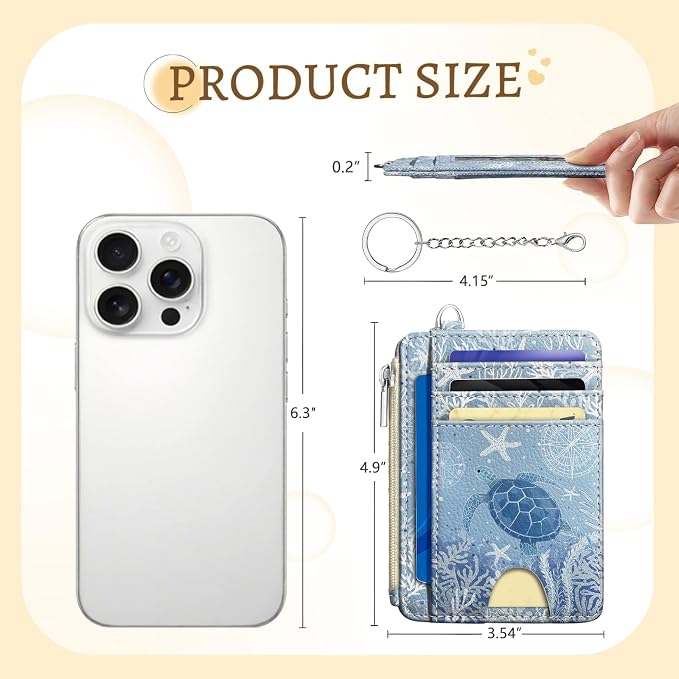 Kelvoris Credit Card Holder Small Wallet Women, Slim RFID, Sea Turtle | Keychain, Zipper Coin Pocket, Front Pocket Thin Travel Card Case, Minimalist, 6 Card Slots, 1 ID Window, Ladies Gifts Woman
