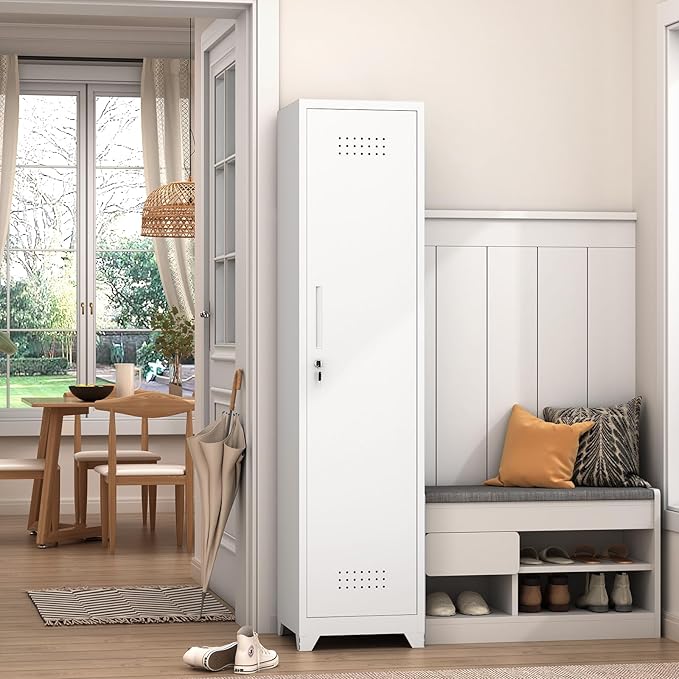 GREATMEET Broom Closet Storage Cabinet, Metal Utility Cabinet, Tall Laundry Room Cabinet, Slim Storage Cabinets for Laundry, Living Room, Office, White