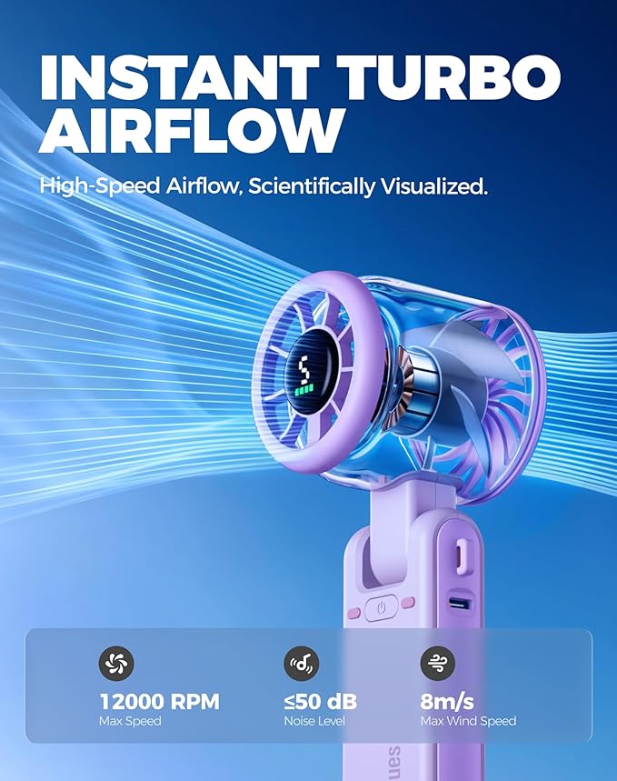 Diveblues Portable Handheld Turbo Fan, 5 Gear Wind, Battery Operated, Up to 12 Working Hours, 3 IN 1 Hand Fan with Air Turbo Tech Cooling Fan for Outdoor Activities, Travel, Working