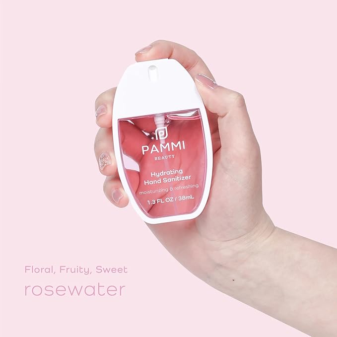 PAMMI Power Mist Hydrating Hand Sanitizer Spray, Portable Travel Size Pocket Hand Sanitizer, Scented Handsanitizer Mini Spray For Car - 600 Sprays (2 Packs (Rose and Peach))