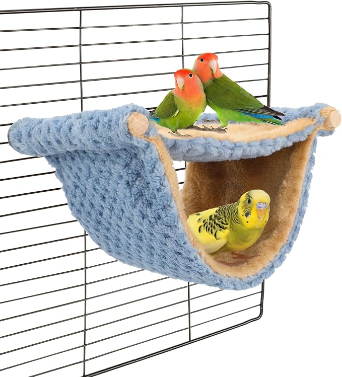 BWOGUE Bird Nest Bed Hanging Hammock, Parakeet Bed for Cage, Cockatiel Bed | Warm Fleece Snuggle Hut, Double-Layer Comfort, Wooden Perch Setup, Washable Hammock