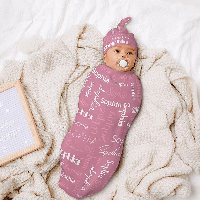 Swaddle Blanket with Hat Set Newborn Name Lettering Pink Receiving Blankets Baby Swaddle Wrap Soft Sleep Sack for Baby Boys and Girls