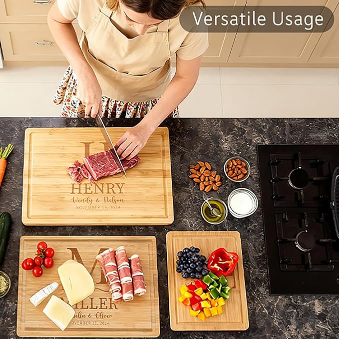 callie Personalized Bamboo Cutting Board with Monogrammed Name, Wooden Chopping Boards with Juice Grooves, Engraved Christmas, Wedding, Housewarming Gifts (S, M, L)