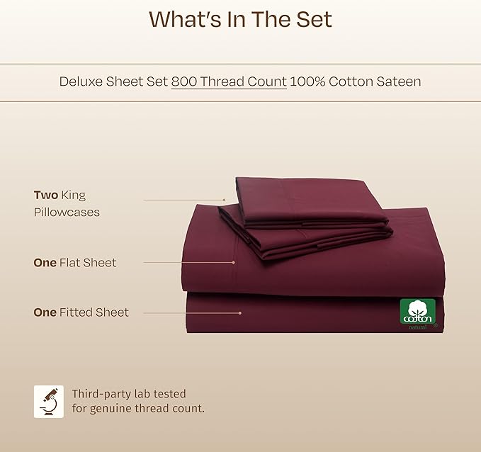 California Design Den Natural 100% Cotton Sheets King Size Deep Pocket Set - Luxury Hotel 800 Thread Count Sateen, King Size Sheets Set, Snug Fit and Durable Bedding - Red Wine
