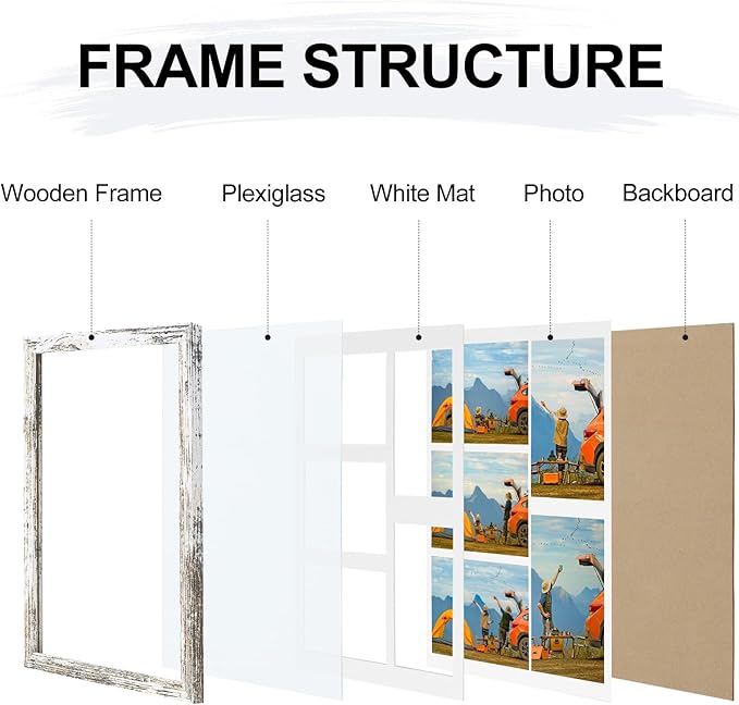 Vittanly 11x14 Collage Picture Frame, Displays 5Pcs 4x6 Pictures with Mat or 1Pcs 11x14 without Mat for Wall Mounting, Picture Frames Collage Wall Decor in Distressed White, 1 Pack