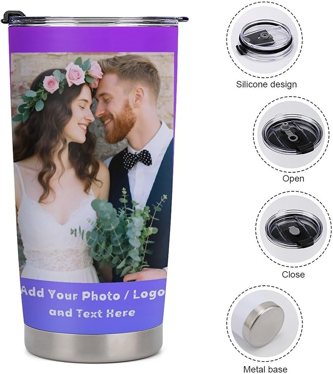 Personalized Coffee Tumbler with Pictures Text Logo Name, Custom Stainless Steel Tumbler with Lid and Straw, Customized Coffee Travel Mug Cups, 20oz Water Cups Birthday Gifts for Women Men Office Car