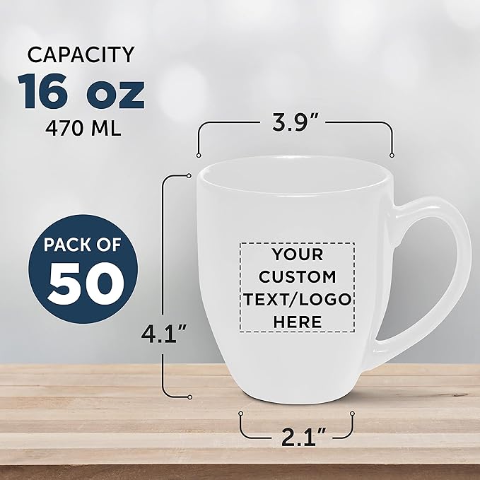 Custom Large Coffee Cups 16 oz. Set of 50, Personalized Bulk Pack - Perfect for Tea, Espresso, Cappuccino, Hot Cocoa - White