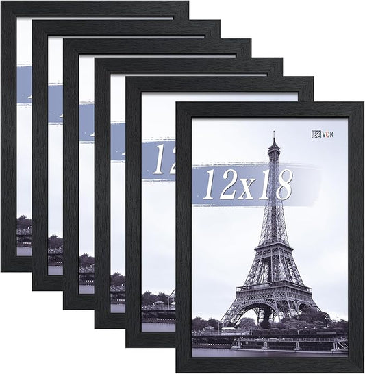 VCK 12x18 Picture Frames Black Set of 6, Wide Border Wood Poster Frame, Multi-Directional Display Family Photos, Office Prints, Studio/Gallery Artwork, Woodgrain Series, Wall Hanging