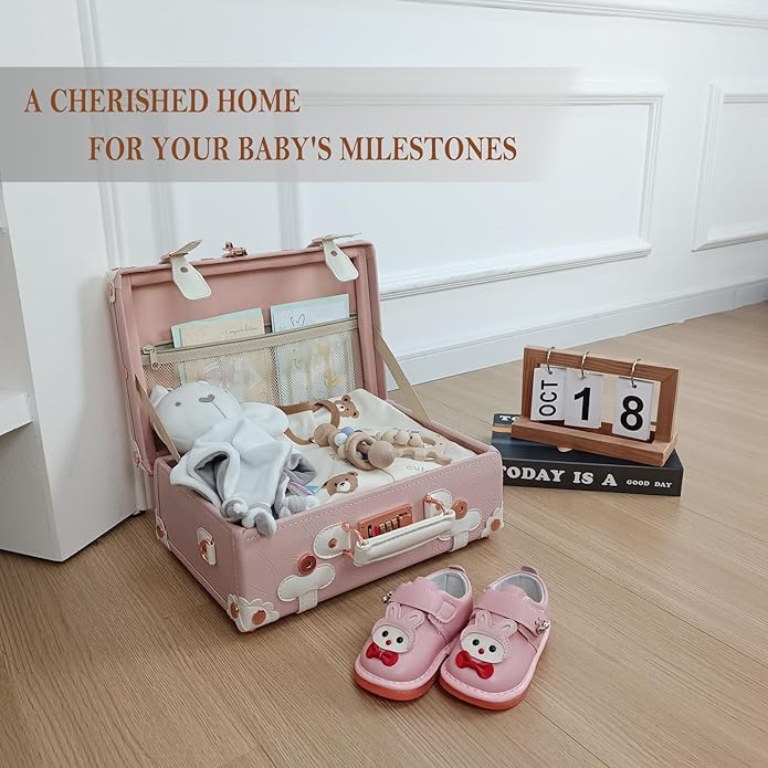Unitravel Baby Keepsake Case, Handmade Memory Storage Box, Newborn Keepsake Box, Vintage Suitcase for Baby Shower, Baptism, Naming Ceremony or Birthday
