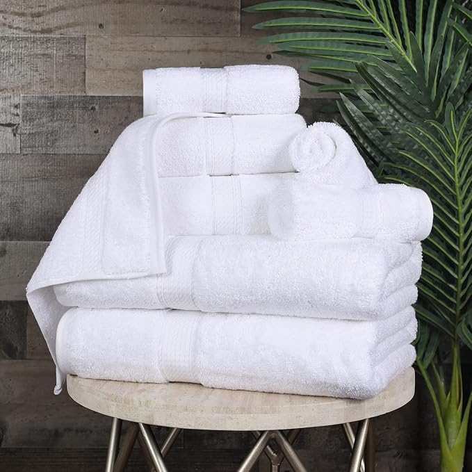 BLUENILEMILLS Madison Egyptian Cotton Towels, Towel Set for Bathroom, Shower, Hotel, Plush, 900 GSM, Highly Absorbent and Ultra-Soft Towels, Bath Essentials, 8 Piece Assorted Towel Set, White